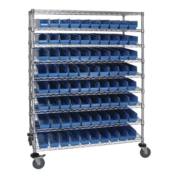 A Quantum metal rack with 9 wire shelves and blue bins on wheels.