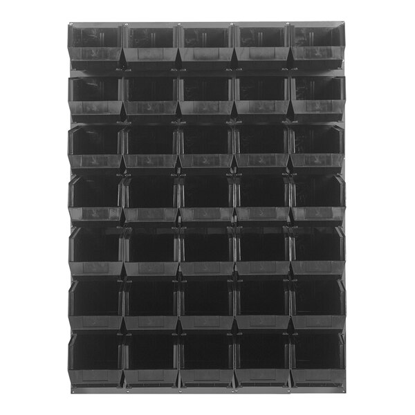 A Quantum gray steel louvered panel with (35) black plastic bins.