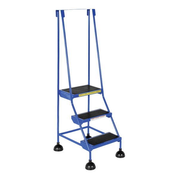 A blue Vestil commercial rolling step ladder with black serrated rubber steps.