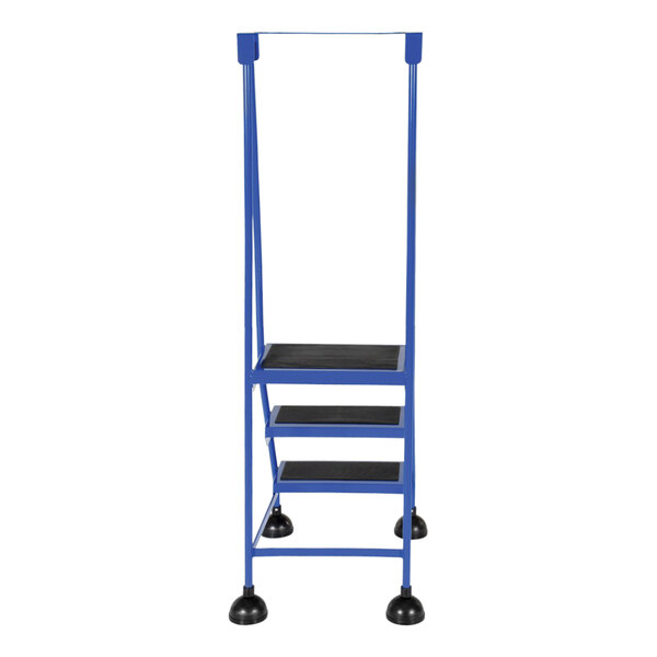 A blue Vestil commercial rolling step ladder with black steps.