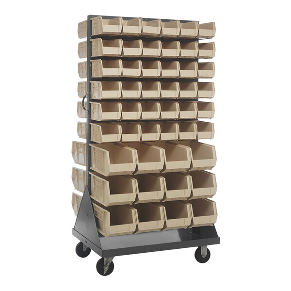 A Quantum gray steel mobile rack with many bins attached.