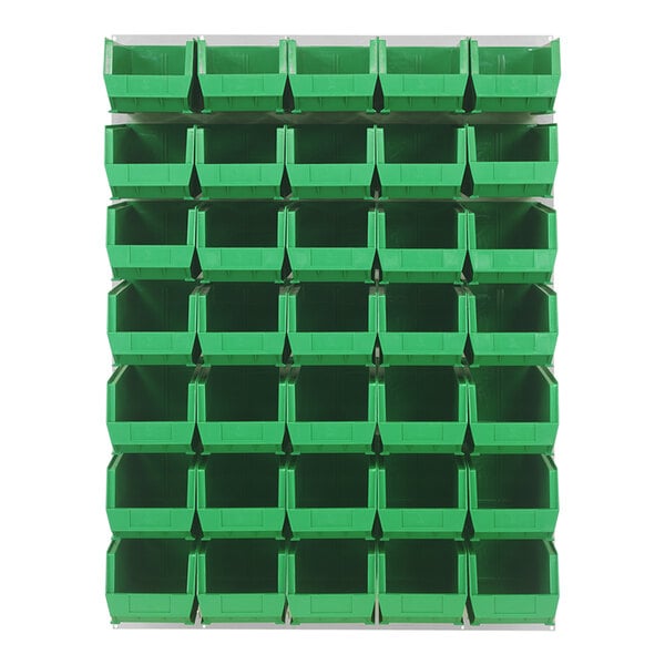 A Quantum louvered panel with green bins hanging on it.