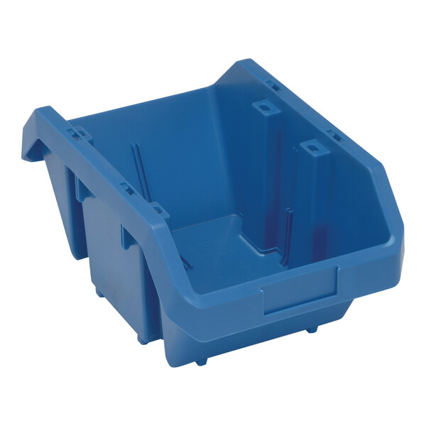 A blue Quantum storage bin with holes in it.