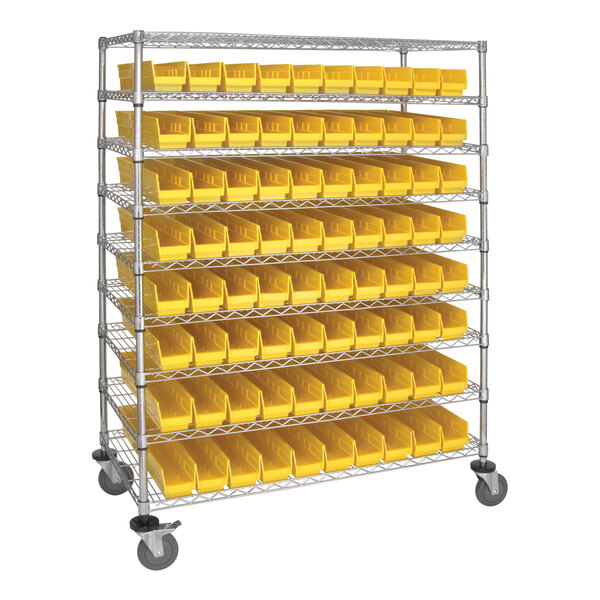 A Quantum metal rack with yellow bins on wheels.