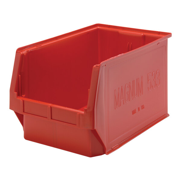 A red Quantum storage tote bin with a lid.