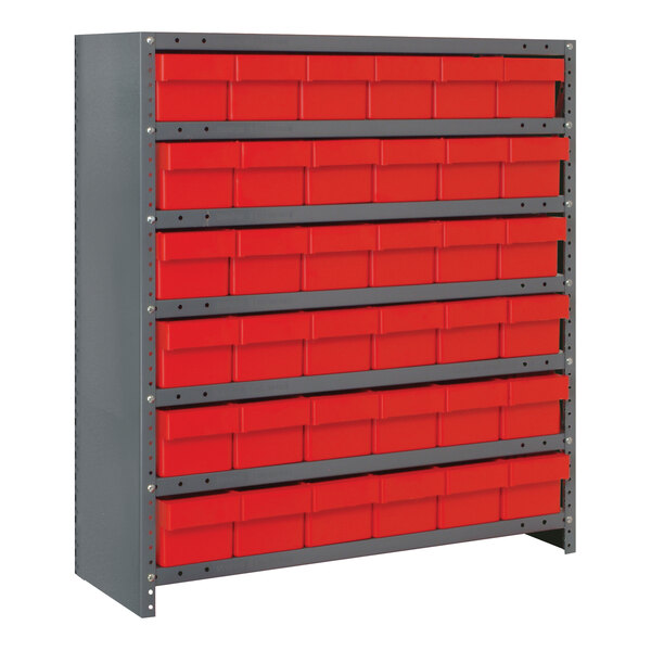 A Quantum steel drawer shelving system with red bins on a metal shelf.