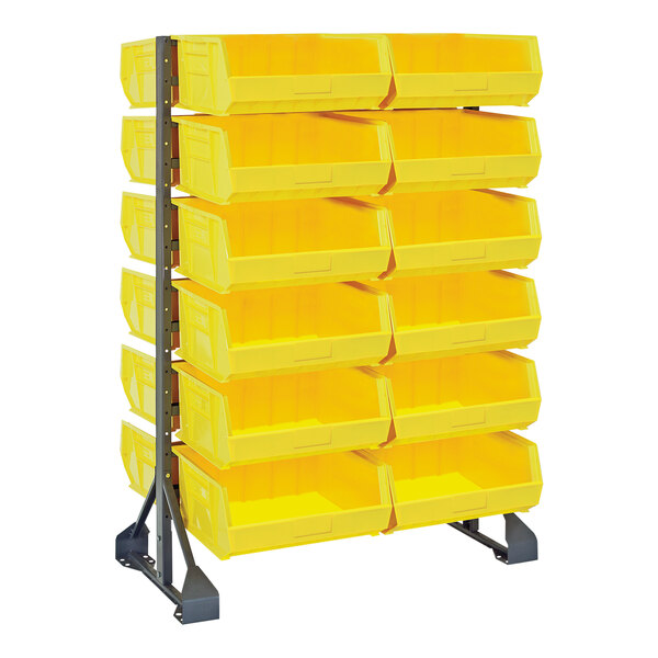 A Quantum gray steel rack with yellow bins on it.