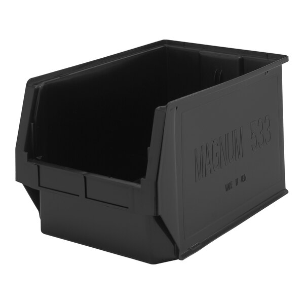 A Quantum black plastic storage tote bin with a lid.