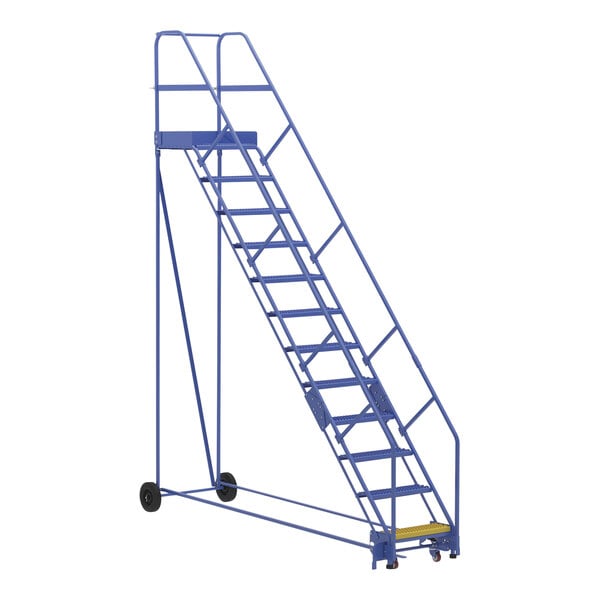 A blue steel Vestil warehouse ladder with wheels.