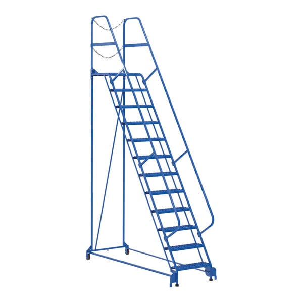 A blue Vestil steel maintenance ladder with grip strut steps on wheels.