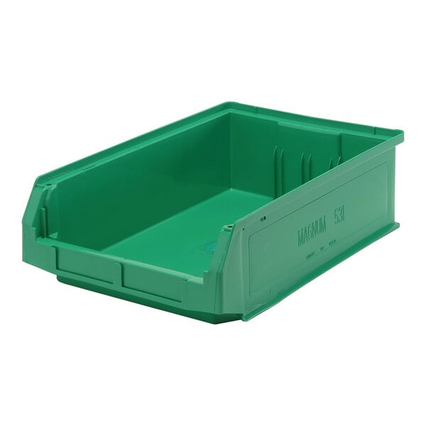 A green plastic Quantum storage tote bin with a lid.