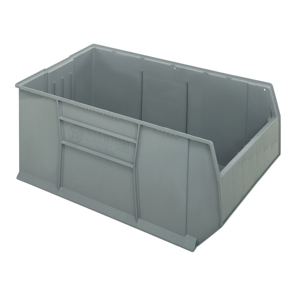 A gray plastic Quantum pallet rack bin with a lid.