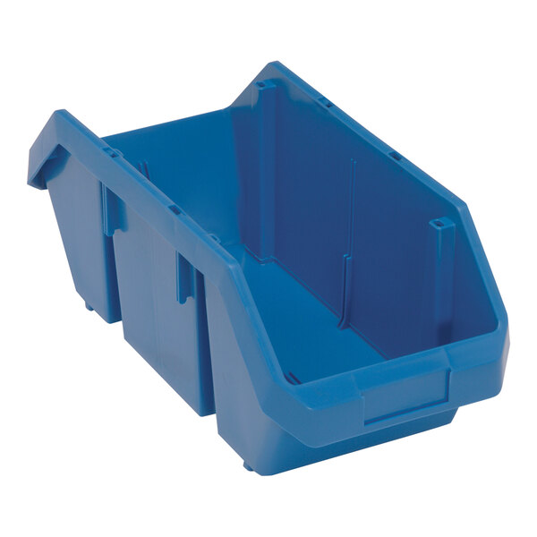 A blue Quantum polypropylene storage bin with two holes.