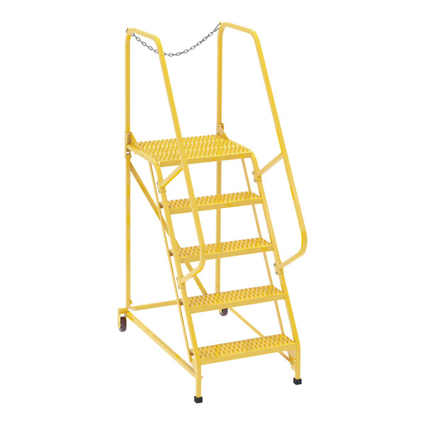 A yellow steel maintenance ladder with grip strut steps.