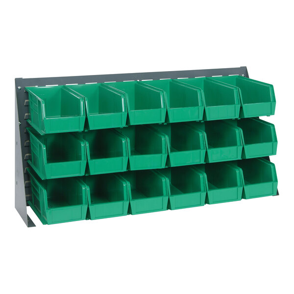 A Quantum gray steel bench rack with green bins on open shelves.