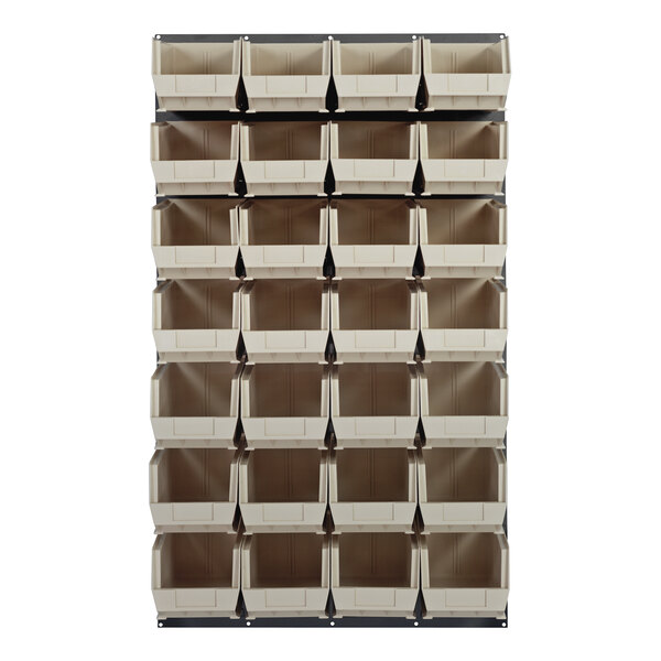 A Quantum gray steel louvered panel with ivory bins on it.