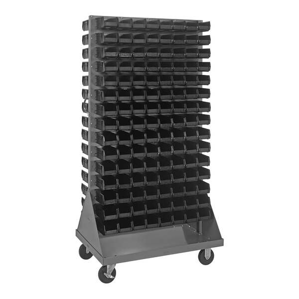 A Quantum gray steel mobile double-sided rack with black bins on it.