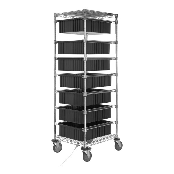 A Quantum metal rack with black conductive bins on wire shelves.