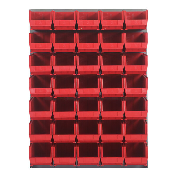 A Quantum gray steel louvered panel with red bins inside.