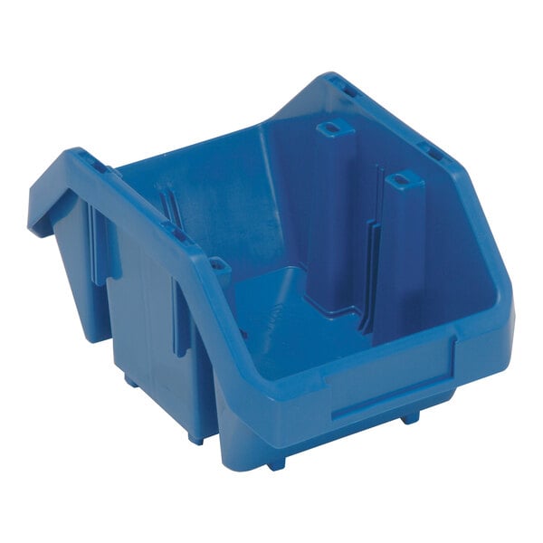 A blue Quantum storage bin with two compartments.