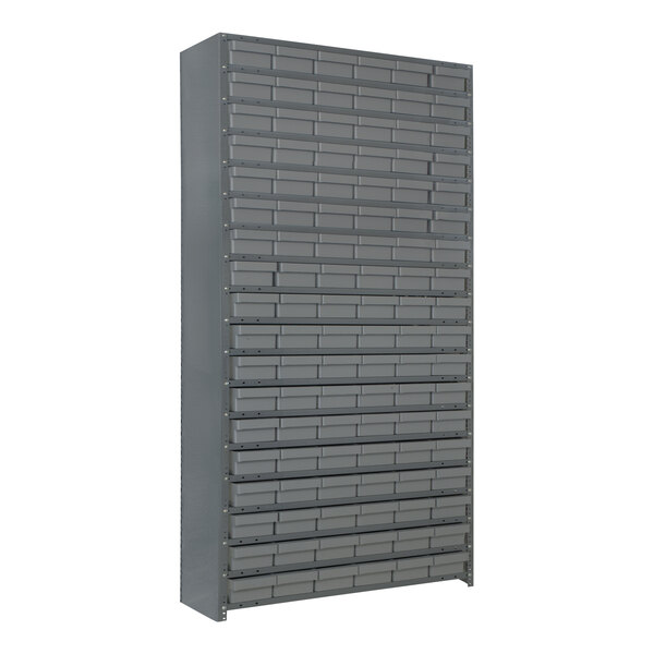 A grey metal Quantum Super Tuff industrial shelving system with drawers holding small grey bins.