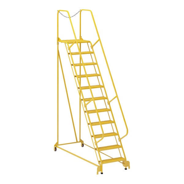 A yellow Vestil maintenance ladder with metal bars.
