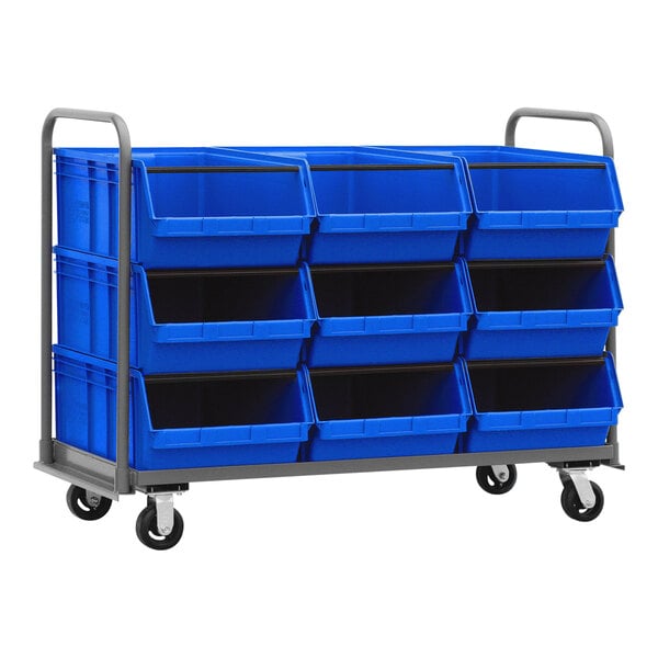 A Quantum blue tote truck with blue bins on it.