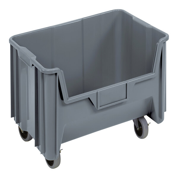 A Quantum gray plastic storage container with wheels.