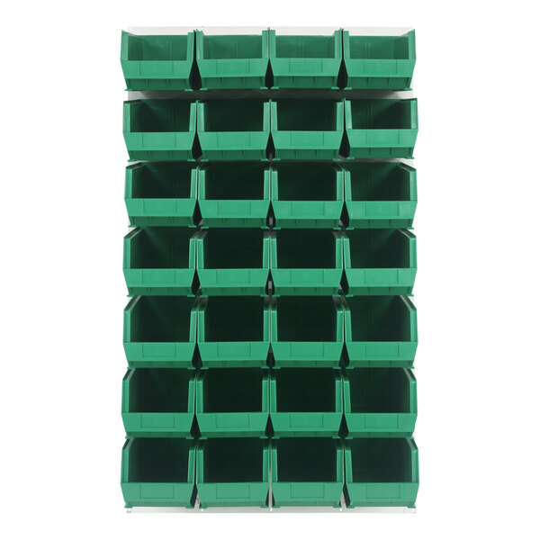 A stack of (28) green bins on a white Quantum louvered panel.