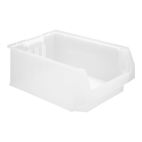 A clear plastic Quantum storage tote bin with a lid.