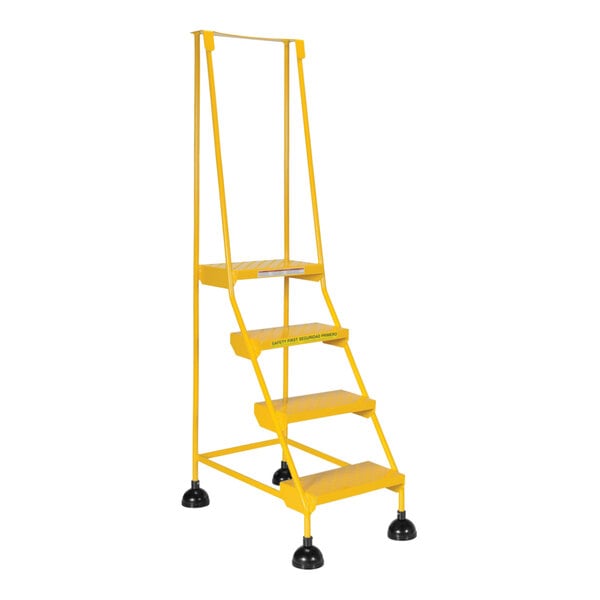 A yellow Vestil commercial rolling step ladder with four steps and wheels.