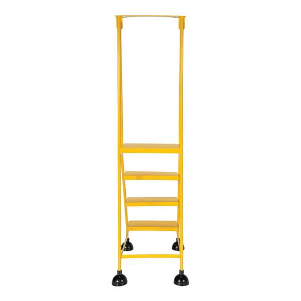 A yellow Vestil commercial rolling step ladder with four perforated steps and wheels.