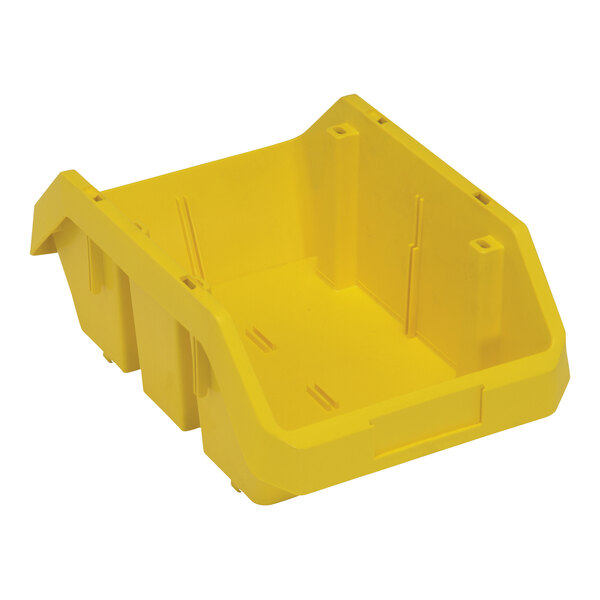 A yellow polypropylene Quantum storage bin with two compartments.