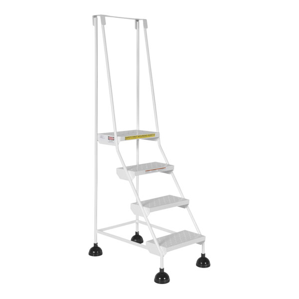 A white Vestil commercial rolling step ladder with perforated steps and four steps.