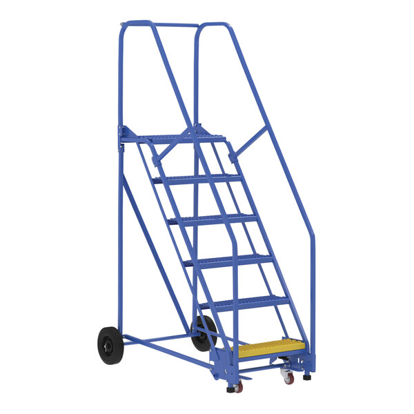 A blue steel rolling warehouse ladder with wheels.
