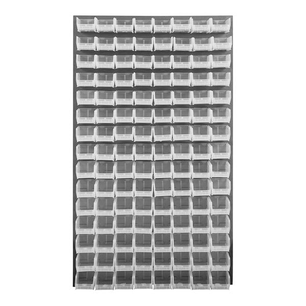 A gray Quantum louvered panel with many clear bins on a wall.