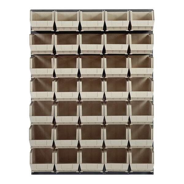 A Quantum louvered panel with ivory bins on it.
