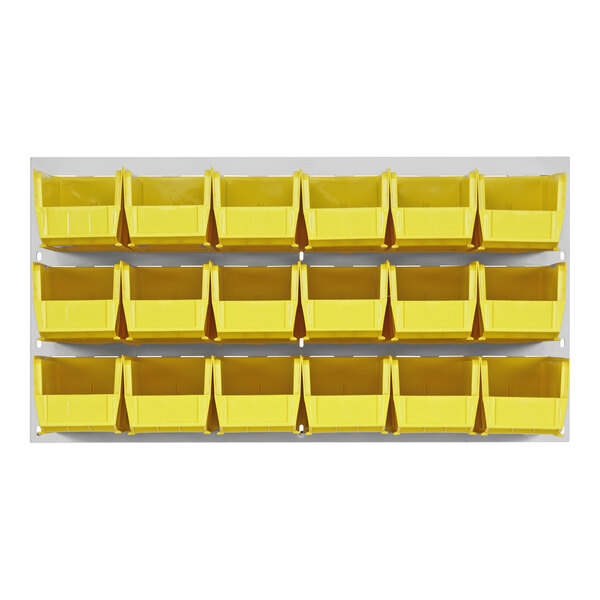 A Quantum white steel louvered panel with yellow bins on a white background.