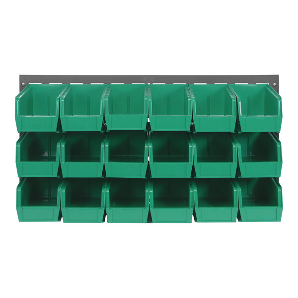 A Quantum gray louvered panel with green plastic bins.