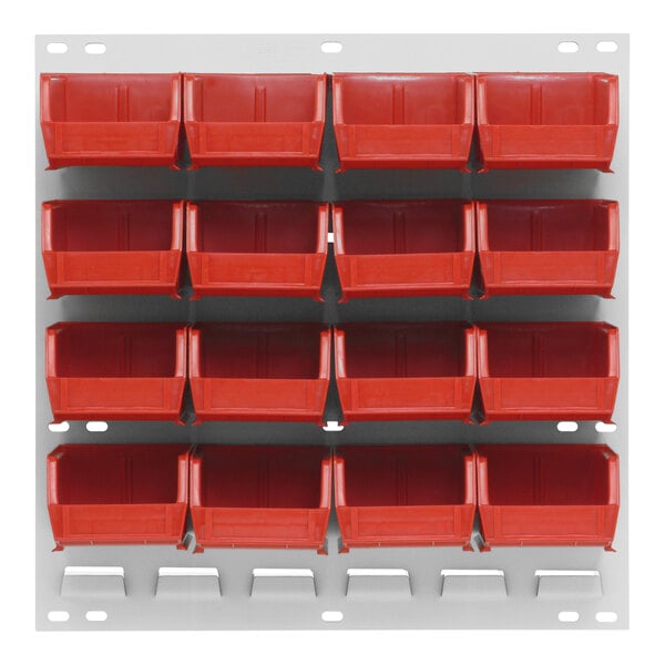 A Quantum white steel louvered panel with red plastic bins.