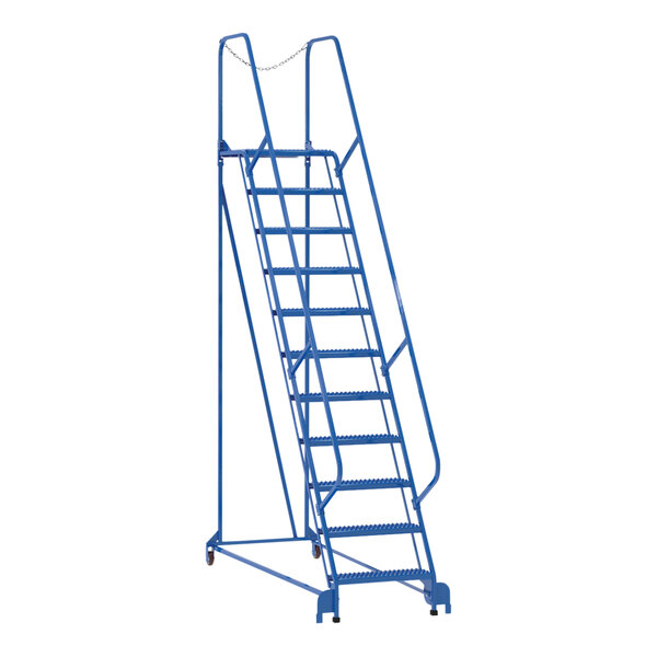 A blue Vestil steel maintenance ladder with grip strut steps on wheels.