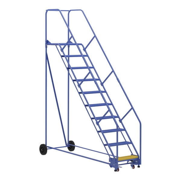 A blue steel ladder with wheels.