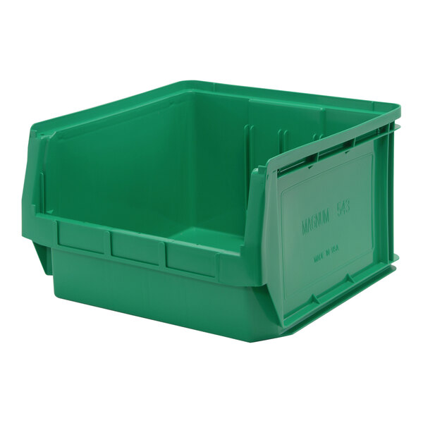 A green plastic Quantum storage tote bin