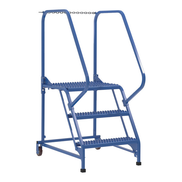 A blue metal Vestil 3-step ladder.