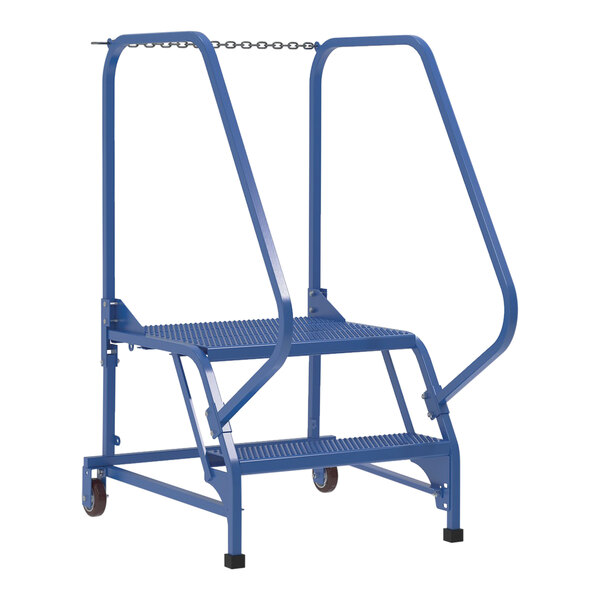 A blue metal ladder with perforated steps and wheels.