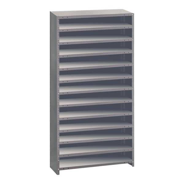 A grey Quantum steel shelving system with 13 shelves.
