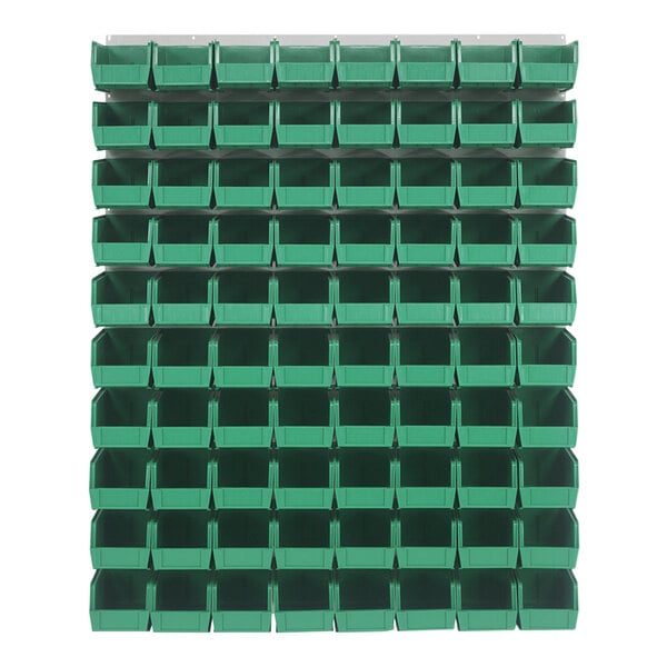 A stack of green bins on a Quantum Oyster White Louvered Panel.