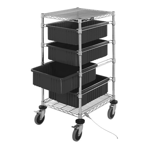 A Quantum black metal mobile bin cart with black conductive bins on it.