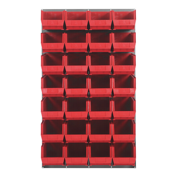 A Quantum gray louvered panel with red bins attached.