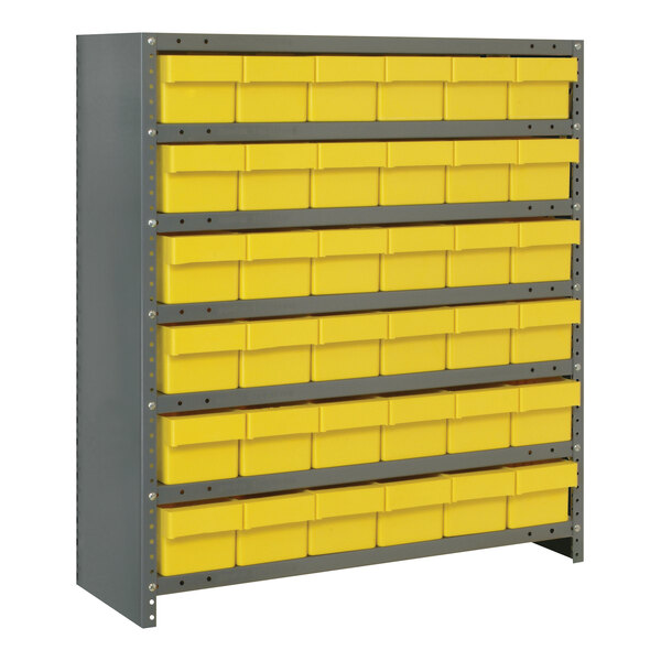 A Quantum grey steel shelving system with yellow bins on it.